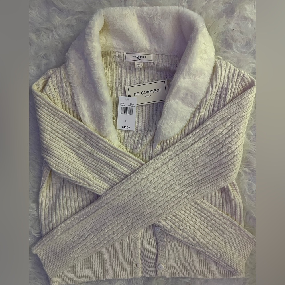 No Comment- White Faux Fur Ribbed Long Sleeve Sweater